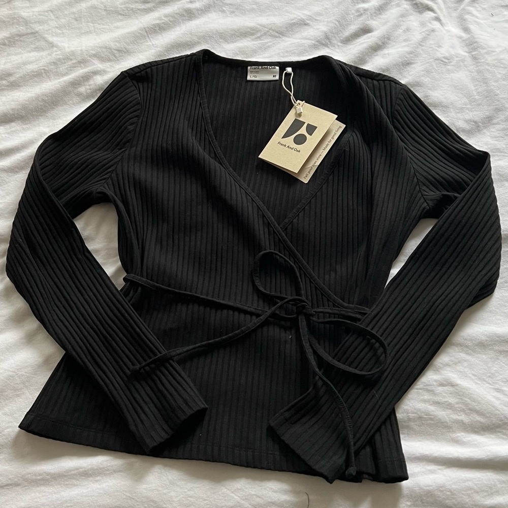 Frank & Oak Black Ribbed Wrap Top